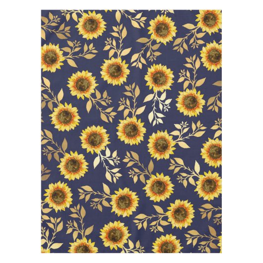 Sunny Yellow Gold Navy Sunflower Leaves Pattern Tafelkleed (Voorkant)