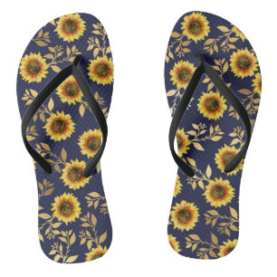 Sunny Yellow Gold Navy Sunflower Leaves Pattern Teenslippers