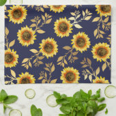 Sunny Yellow Gold Navy Sunflower Leaves Pattern Theedoek (Gevouwen)