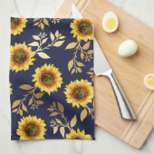 Sunny Yellow Gold Navy Sunflower Leaves Pattern Theedoek (Quarter Fold)