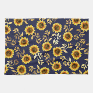 Sunny Yellow Gold Navy Sunflower Leaves Pattern Theedoek