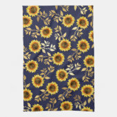 Sunny Yellow Gold Navy Sunflower Leaves Pattern Theedoek (Verticaal)