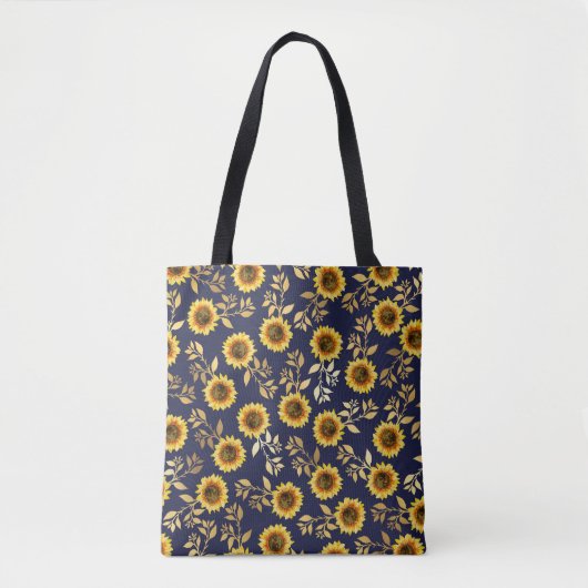 Sunny Yellow Gold Navy Sunflower Leaves Pattern Tote Bag (Voorkant)