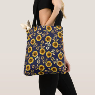 Sunny Yellow Gold Navy Sunflower Leaves Pattern Tote Bag