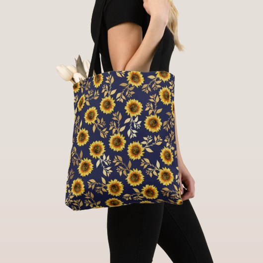 Sunny Yellow Gold Navy Sunflower Leaves Pattern Tote Bag (Dichtbij)
