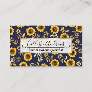 Sunny Yellow Gold Navy Sunflower Leaves Pattern Visitekaartje