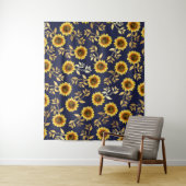 Sunny Yellow Gold Navy Sunflower Leaves Pattern Wandkleed (In situ)