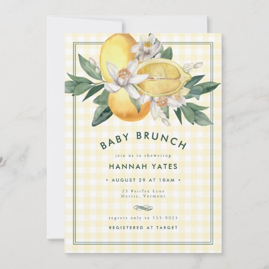 Sunny Yellow Lemon Gingham Baby shower Brunch (Voorkant)