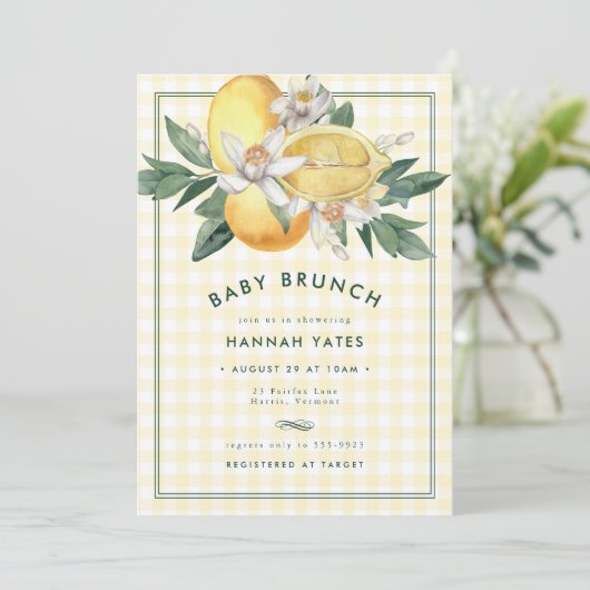 Sunny Yellow Lemon Gingham Baby shower Brunch (Staand voorkant)