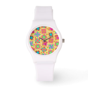 Sunny Yellow Patchwork Quilt Art Blokken Horloge