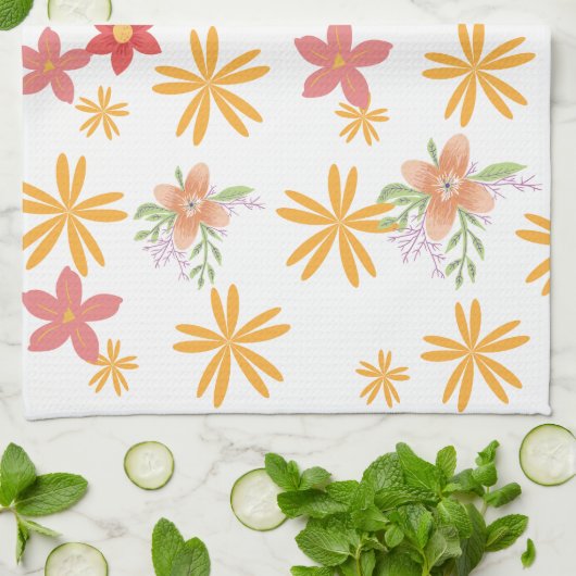 Sunny Yellow & Pink Daisy Floral Pattern Theedoek (Gevouwen)