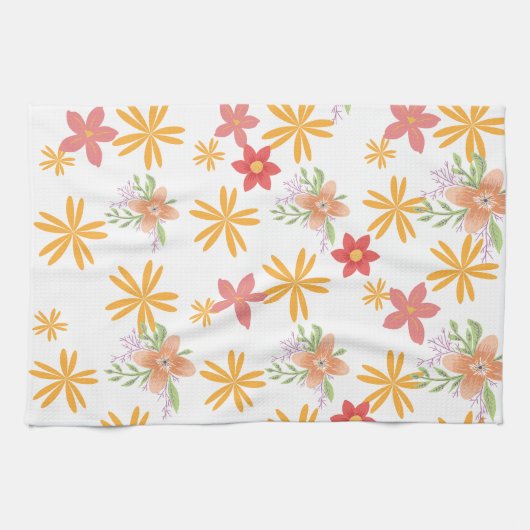 Sunny Yellow & Pink Daisy Floral Pattern  Theedoek (Horizontaal)