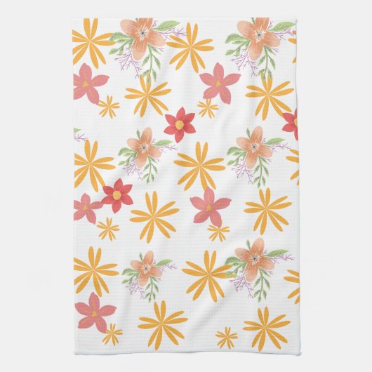 Sunny Yellow & Pink Daisy Floral Pattern  Theedoek (Verticaal)