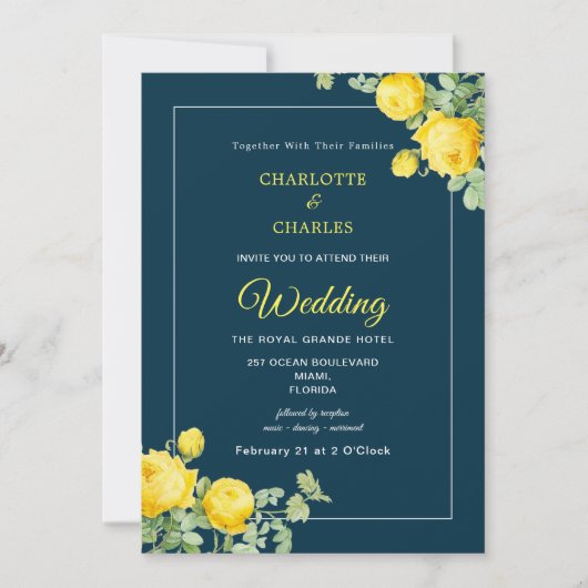 Sunny Yellow Roses Elegant Floral Wedding Invitati Kaart (Voorkant)
