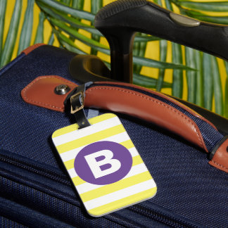 Sunny Yellow Striped Purple Monogram Bagagelabel
