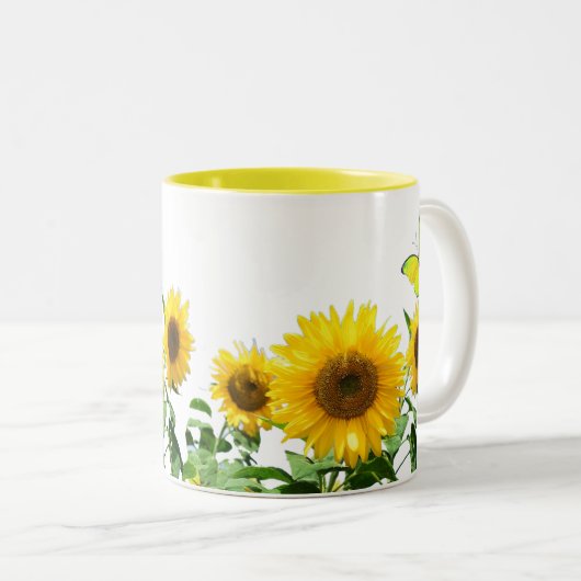 Sunny Yellow Sunflower and Butterfly Tweekleurige Koffiemok (Voorkant rechts)