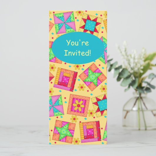 Sunny Yellow & Turquoise Patchwork Quilt Block Art Kaart (Staand voorkant)