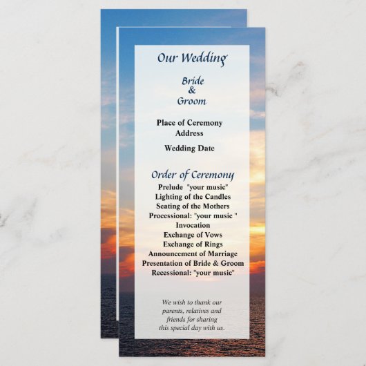 Sunrise aan het Zee Wedding Programme Programmakaart (Voorkant / Achterkant)