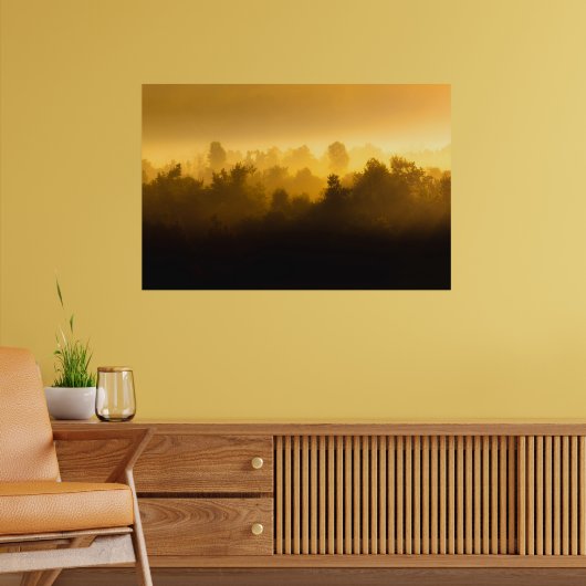 Sunrise achter fogische bomen poster (Woonkamer 2)