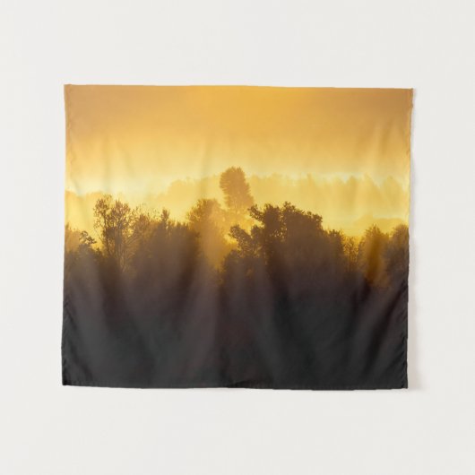 Sunrise achter fogische bomen wandkleed (Voorkant (horizontaal))