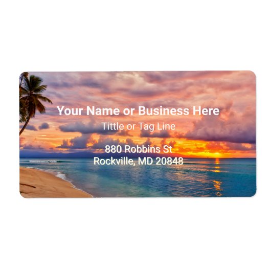Sunrise Beach en palmbomen tropische Etiket (Voorkant)