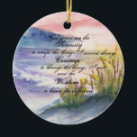 Sunrise Beach Serenity Keramisch Ornament<br><div class="desc">De zonsopgang bij de Beach toont de vroege ochtendzon op zandstranden in een waterverf die indrukwekkend schilderij is. Het bebed van de Dienst wordt getoond met de strandachtergrond. Meditaat van de Beach. Neem het mee.</div>