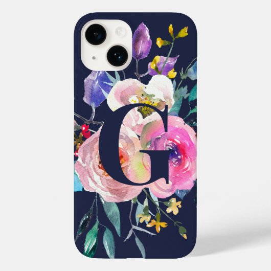 Sunrise Boho Floral Navy Monogram Case-Mate iPhone Case (Achterkant)