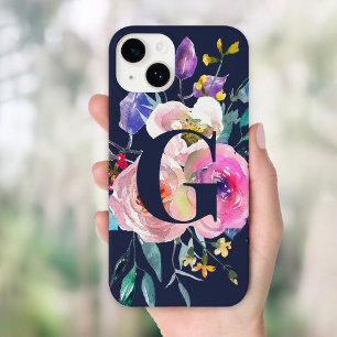 Sunrise Boho Floral Navy Monogram Case-Mate iPhone 14 Hoesje