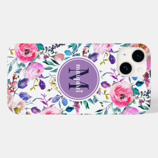 Sunrise Boho Floral Paars en White Monogram Case-Mate iPhone Case (Achterkant (horizontaal))