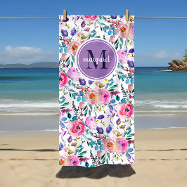 Sunrise Boho Floral Paars en White Monogram Strandlaken