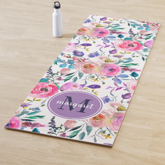 Sunrise Boho Floral Paars en White Monogram Yogamat (In situ)