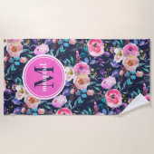 Sunrise Boho Floral Pink en Navy Monogram Strandlaken (Voorkant)