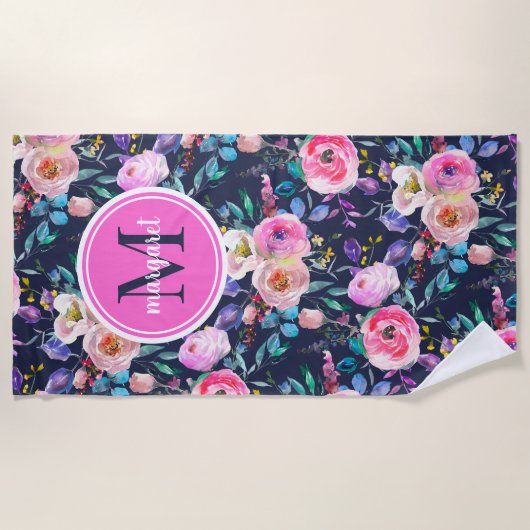 Sunrise Boho Floral Pink en Navy Monogram Strandlaken (Voorkant)