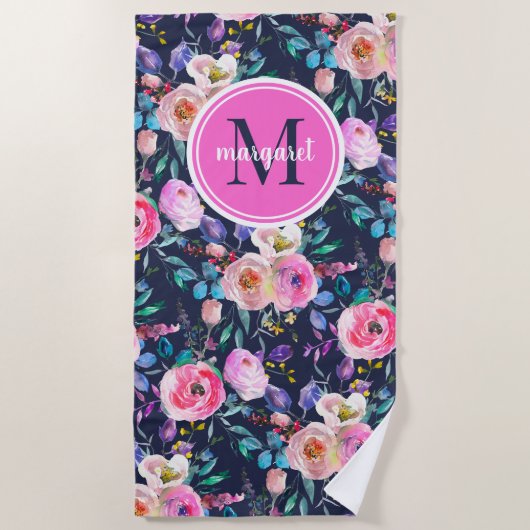Sunrise Boho Floral Pink en Navy Monogram Strandlaken (Voorkant)