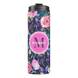 Sunrise Boho Floral Pink en Navy Monogram Thermosbeker
