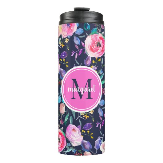Sunrise Boho Floral Pink en Navy Monogram Thermosbeker (Voorkant)