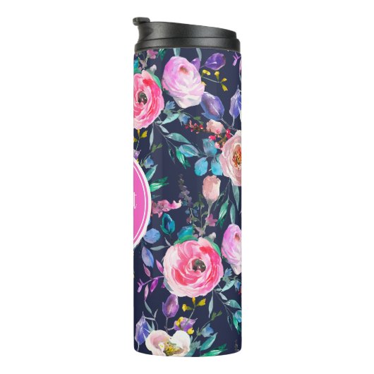 Sunrise Boho Floral Pink en Navy Monogram Thermosbeker (Geroteerd rechts)
