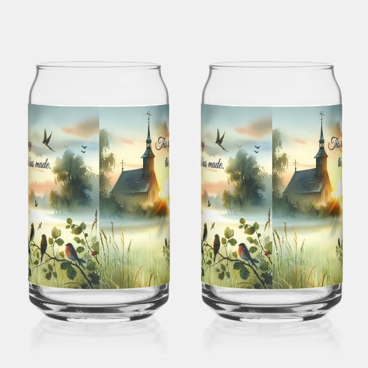 Sunrise Church with Birds in Misty Meadow Blikvorm Glas (Links)