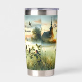 Sunrise Church with Birds in Misty Meadow Geïsoleerde Drinkbeker (Links)