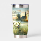 Sunrise Church with Birds in Misty Meadow Geïsoleerde Drinkbeker (Rechts)