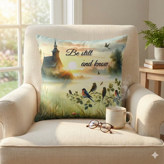 Sunrise Church with Birds in Misty Meadow Kussen (Sunrise Church with Birds in Misty Meadow Throw Pillow Mockup A)