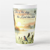 Sunrise Church with Birds in Misty Meadow Latte Mok (Voorkant)