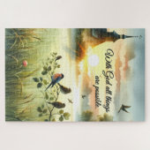 Sunrise Church with Birds in Misty Meadow Legpuzzel (Horizontaal)