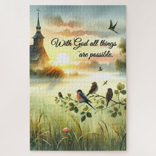 Sunrise Church with Birds in Misty Meadow Legpuzzel (Verticaal)