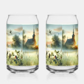 Sunrise Church with Birds in Misty Meadow No Verse Blikvorm Glas (Links)