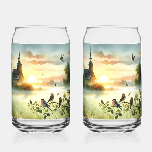 Sunrise Church with Birds in Misty Meadow No Verse Blikvorm Glas (Achterkant)