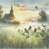 Sunrise Church with Birds in Misty Meadow No Verse Sticker (Voorkant)