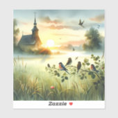 Sunrise Church with Birds in Misty Meadow No Verse Sticker (Vel)