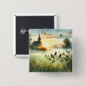 Sunrise Church with Birds in Misty Meadow No Verse Vierkante Button 5,1 Cm (Voorkant /achterkant)