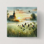 Sunrise Church with Birds in Misty Meadow No Verse Vierkante Button 5,1 Cm (Voorkant)